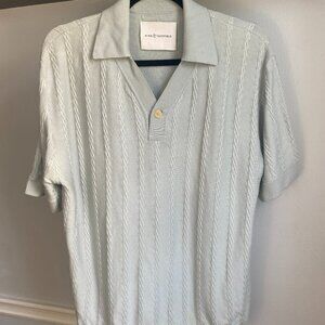 KING & TUCKFIELD POWDER BLUE BRAIDED MERINO KNIT PATTERN SHORT SLEEVE POLO TOP